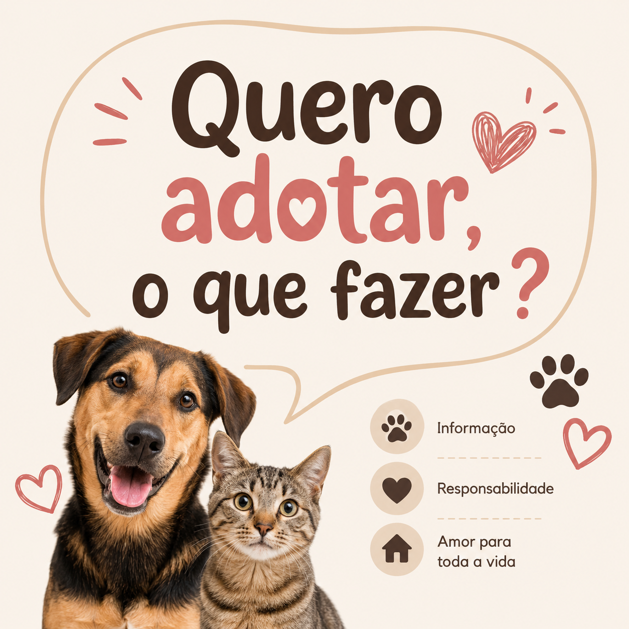 💖 Compromisso a longo prazo: cães e gatos vivem em média 10 a 15 anos. É preciso garantir cuidados durante toda a sua vida. Bem-estar físico e emocional: não basta dar comida e abrigo; é necessário atenção, carinho, socialização e acompanhamento veterinário. Evitar adoção por impulso: escolha conscientemente para prevenir abandono e sofrimento animal.
